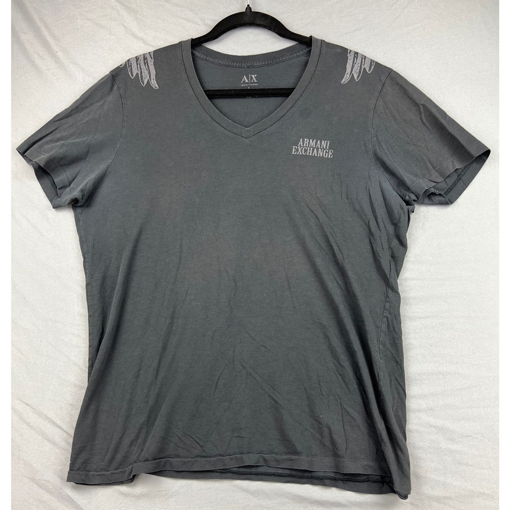 Armani Exchange T-Shirt Mens L V-Neck Gray Wing Graphic Logo Cotton Good